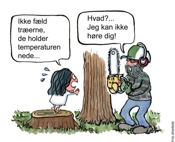 Tegning af lille pige på træstub, som beder mand med motorsav om ikke at fælde træerne, men han kan ikke høre hende - Klimaforandringer illustration af Frits Ahlefeldt