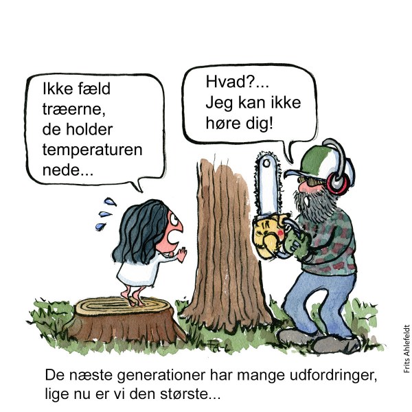 Tegning af lille pige på træstub, som beder mand med motorsav om ikke at fælde træerne, men han kan ikke høre hende - Klimaforandringer illustration af Frits Ahlefeldt
