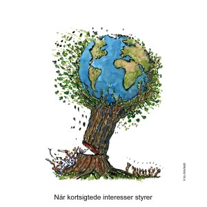 Tegning af planet Jorden i toppen af et stort træ som fældes af grådige forretningsfolk, mens naturfolk ser på - Klimaforandringer illustration af Frits Ahlefeldt
