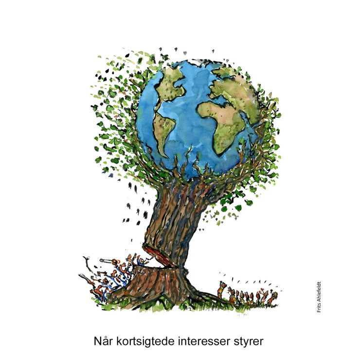 Tegning af planet Jorden i toppen af et stort træ som fældes af grådige forretningsfolk, mens naturfolk ser på - Klimaforandringer illustration af Frits Ahlefeldt