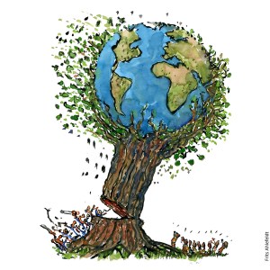 Tegning af planet Jorden i toppen af et stort træ som fældes af grådige forretningsfolk, mens naturfolk ser på - Klimaforandringer illustration af Frits Ahlefeldt