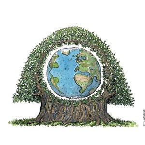 Tegning af planet Jorden inde i kronen på et stort træ - Klimaforandringer illustration af Frits Ahlefeldt