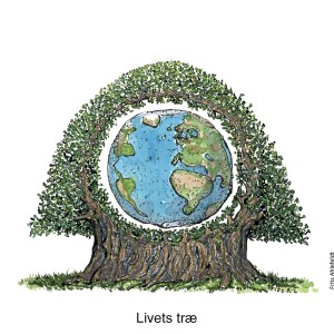 Tegning af planet Jorden inde i kronen på et stort træ - Klimaforandringer illustration af Frits Ahlefeldt