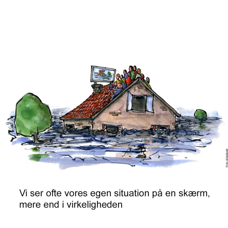 Tegning af et oversvømmet hus med folk samlet på taget, mens de ser på sig selv på en stor fladskærm - Klimaforandringer illustration af Frits Ahlefeldt