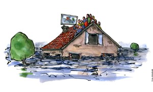Tegning af et oversvømmet hus med folk samlet på taget, mens de ser på sig selv på en stor fladskærm - Klimaforandringer illustration af Frits Ahlefeldt