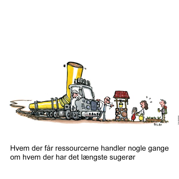 Tegning af en brønd, med folk som henter vand, og en lastbil med et meget langt sugerør på - Klimaforandringer illustration af Frits Ahlefeldt