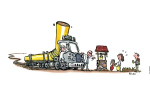 Tegning af en brønd, med folk som henter vand, og en lastbil med et meget langt sugerør på - Klimaforandringer illustration af Frits Ahlefeldt