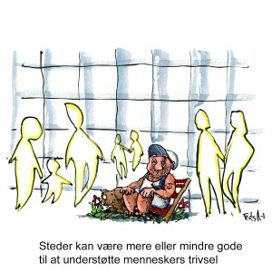 Tegning af mand som sidder fortabt imellem arkitekt siluetter foran glashus - Klimaforandringer illustration af Frits Ahlefeldt