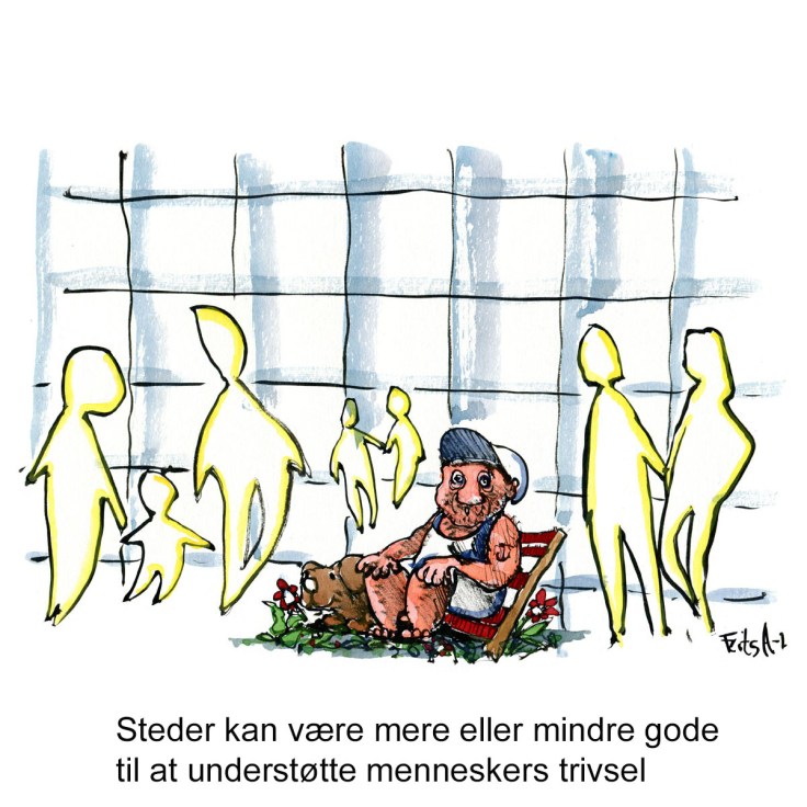 Tegning af mand som sidder fortabt imellem arkitekt siluetter foran glashus - Klimaforandringer illustration af Frits Ahlefeldt