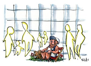 Tegning af mand som sidder fortabt imellem arkitekt siluetter foran glashus - Klimaforandringer illustration af Frits Ahlefeldt