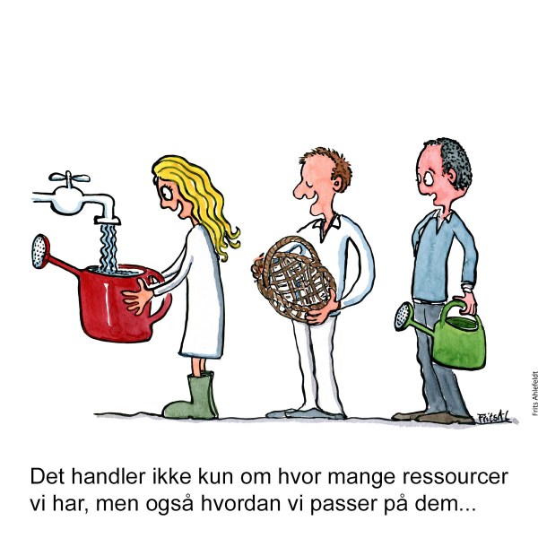 Tegning af gruppe af folk der fylder vand fra vandhane på vandkande eller kurv - Klimaforandringer illustration af Frits Ahlefeldt