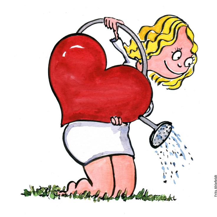 Tegning af pige med hjerteformet vandkande - Klimaforandringer illustration af Frits Ahlefeldt