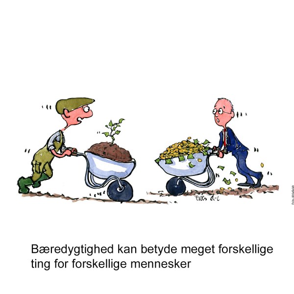Tegning af en landmand med trillebør med spire i, som møder forretningsmand med trillebør med penge i - Klimaforandringer illustration af Frits Ahlefeldt