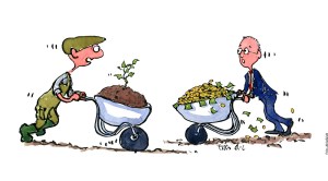 Tegning af en landmand med trillebør med spire i, som møder forretningsmand med trillebør med penge i - Klimaforandringer illustration af Frits Ahlefeldt