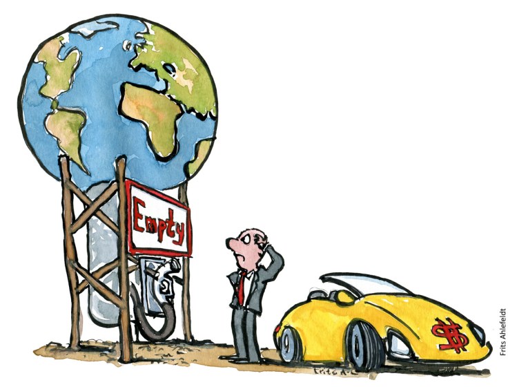 Tegning af en mand med en bil, foran en tom planet benzintank - Klimaforandringer illustration af Frits Ahlefeldt