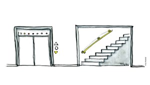 Tegning af en elevator og en trappe - Klimaforandringer illustration af Frits Ahlefeldt