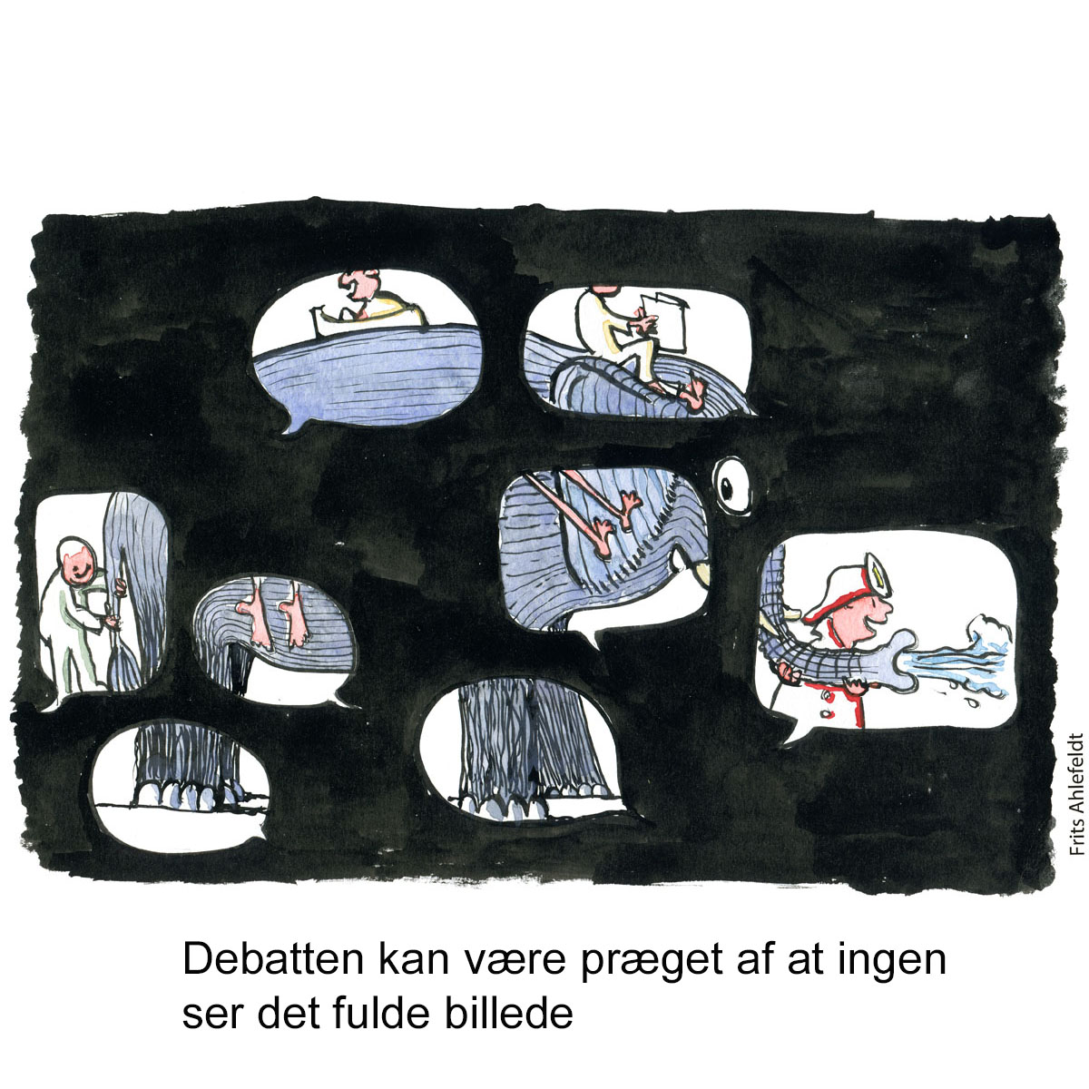 Tegning af en elefant bag talebobler, der hver kun viser en lille del af helheden - Klimaforandringer illustration af Frits Ahlefeldt
