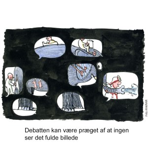 Tegning af en elefant bag talebobler, der hver kun viser en lille del af helheden - Klimaforandringer illustration af Frits Ahlefeldt
