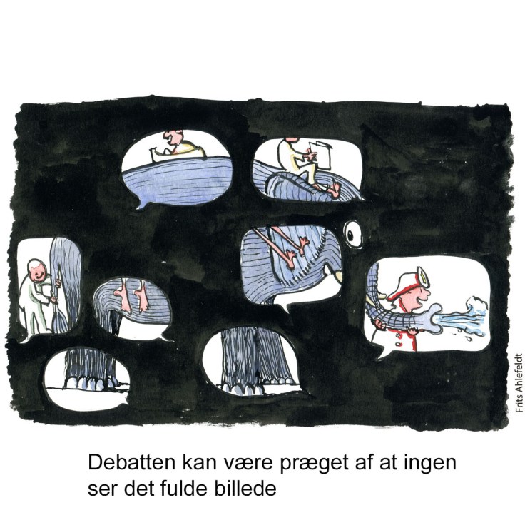 Tegning af en elefant bag talebobler, der hver kun viser en lille del af helheden - Klimaforandringer illustration af Frits Ahlefeldt