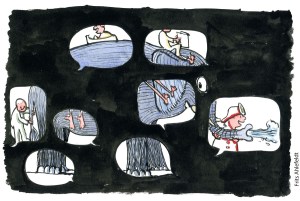 Tegning af en elefant bag talebobler, der hver kun viser en lille del af helheden - Klimaforandringer illustration af Frits Ahlefeldt