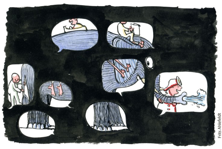 Tegning af en elefant bag talebobler, der hver kun viser en lille del af helheden - Klimaforandringer illustration af Frits Ahlefeldt