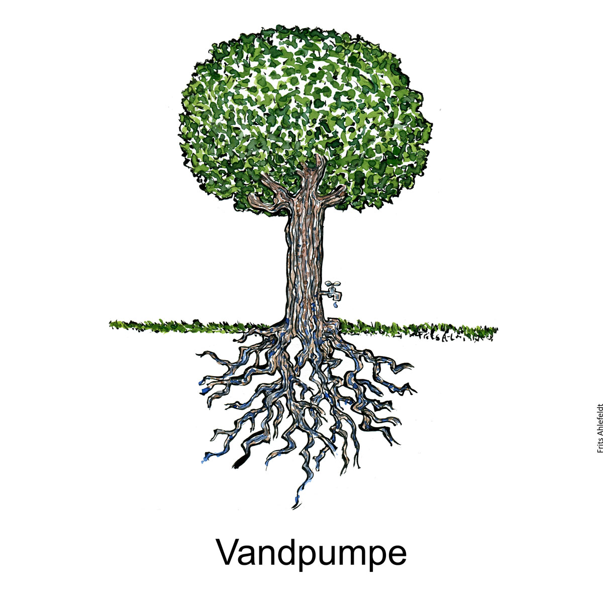Tegning af et træ med en vandhane på og teksten vandpumpe - Klimaforandringer illustration af Frits Ahlefeldt