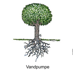 Tegning af et træ med en vandhane på og teksten vandpumpe - Klimaforandringer illustration af Frits Ahlefeldt