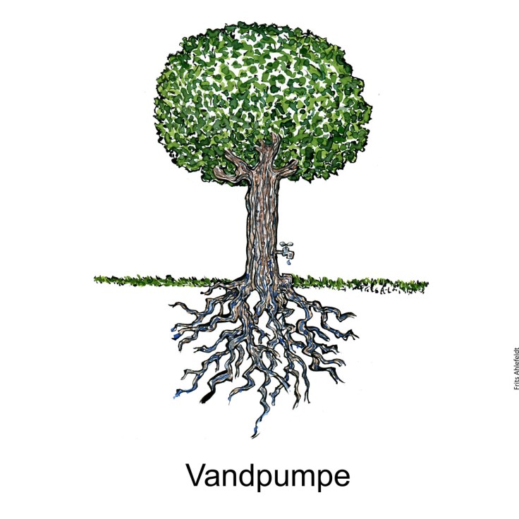 Tegning af et træ med en vandhane på og teksten vandpumpe - Klimaforandringer illustration af Frits Ahlefeldt