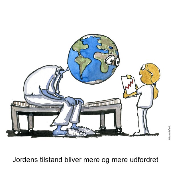 Tegning af Jorden som syg patient, mens månen fortæller dårligt klimanyt - Klimaforandringer illustration af Frits Ahlefeldt