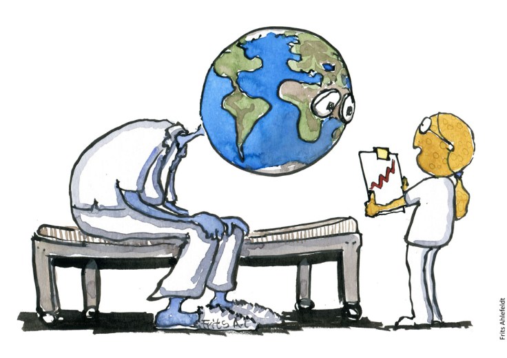 Tegning af Jorden som syg patient, mens månen fortæller dårligt klimanyt - Klimaforandringer illustration af Frits Ahlefeldt