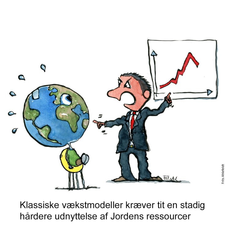 Tegning af vred forretningsmand som viser Planet Jorden en kurve som ikke giver mere vækst - Klimaforandringer illustration af Frits Ahlefeldt