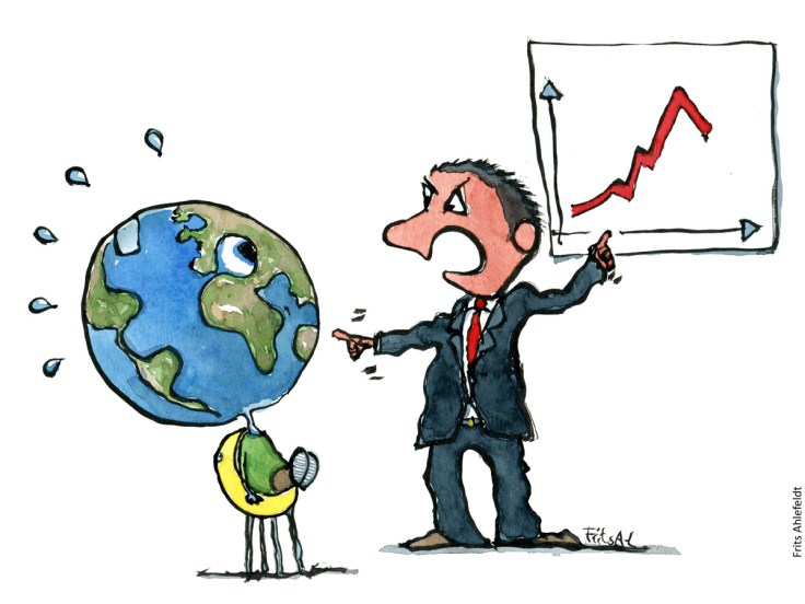 Tegning af vred forretningsmand som viser Planet Jorden en kurve som ikke giver mere vækst - Klimaforandringer illustration af Frits Ahlefeldt