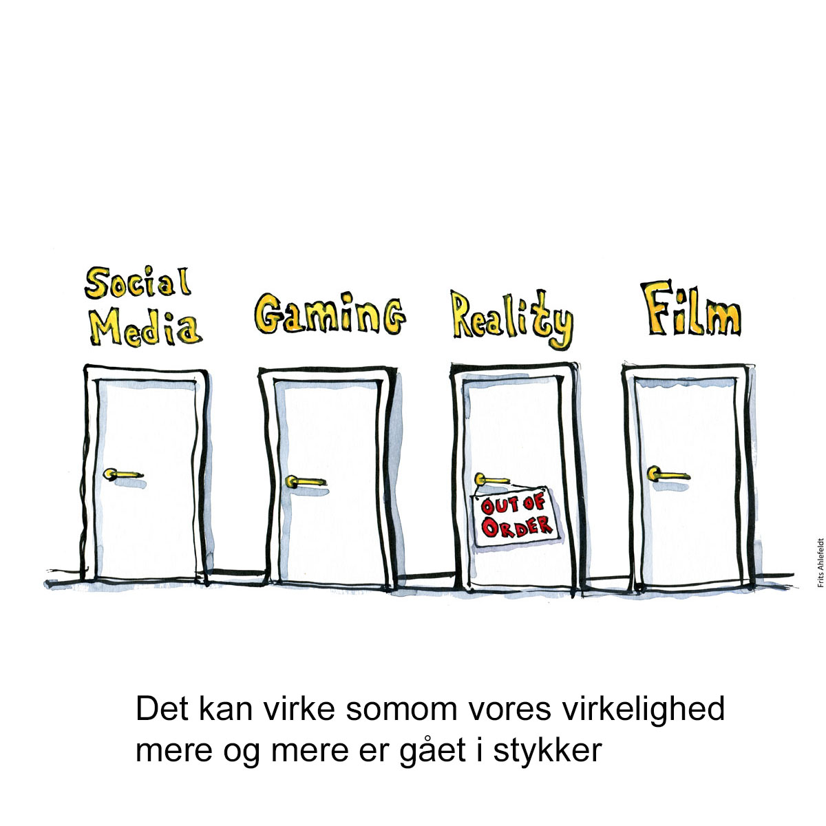 Tegning af fire døre, virkelighedens dør er ude af drift - Klimaforandringer illustration af Frits Ahlefeldt