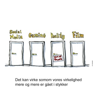 Tegning af fire døre, virkelighedens dør er ude af drift - Klimaforandringer illustration af Frits Ahlefeldt