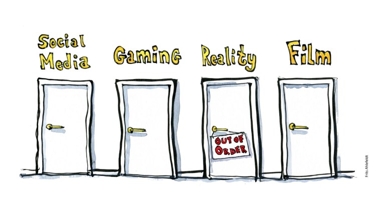 Tegning af fire døre, virkelighedens dør er ude af drift - Klimaforandringer illustration af Frits Ahlefeldt