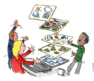 Tegning af et klima modellerings redskab på laptop. Klimaforandringer illustration af Frits Ahlefeldt