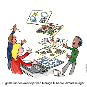 Tegning af et klima modellerings redskab på laptop. Klimaforandringer illustration af Frits Ahlefeldt