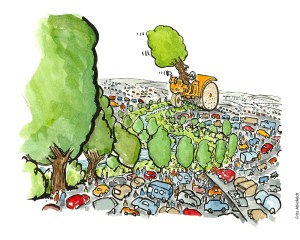 Tegning af et træ på en damptromle, der laver en grøn korridor mellem biler Klimaforandringer illustration af Frits Ahlefeldt