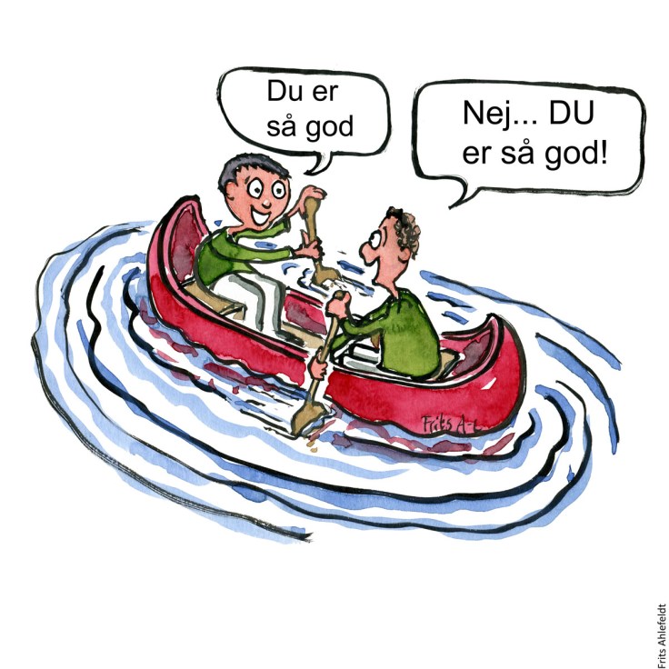 Tegning af to personer i kano, som roer hver sin vej, mens de roser hinanden. Klimaforandringer illustration af Frits Ahlefeldt