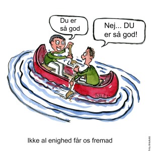 Tegning af to personer i kano, som roer hver sin vej, mens de roser hinanden. Klimaforandringer illustration af Frits Ahlefeldt