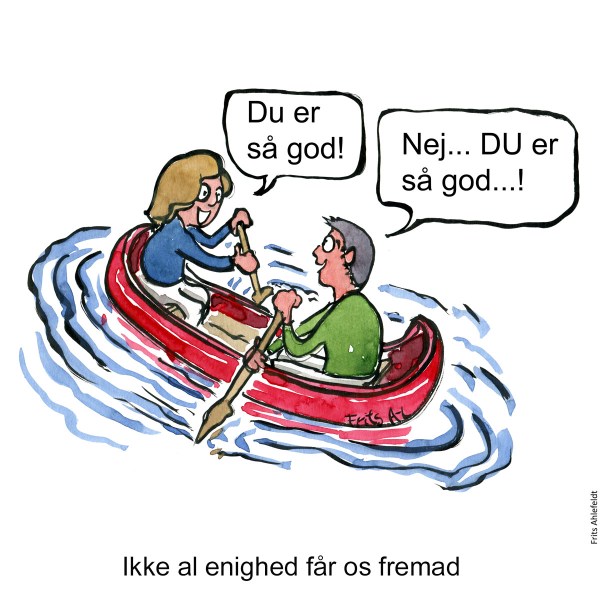 Tegning af to personer i kano, som roer hver sin vej, mens de roser hinanden. Klimaforandringer illustration af Frits Ahlefeldt