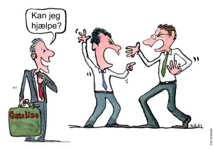 Tegning af en mand med en benzindunk, som spørger to mænd i konflikt om de har brug for hjælp. Klimaforandringer illustration af Frits Ahlefeldt