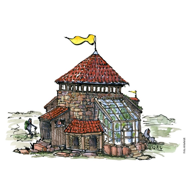 Tegning af en bygning med zoner til forskellig klimabeskyttelse - Klimaforandringer illustration af Frits Ahlefeldt