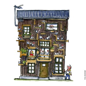 Tegning af et hus med høns rundt omkring på facaden Klimaforandringer illustration af Frits Ahlefeldt