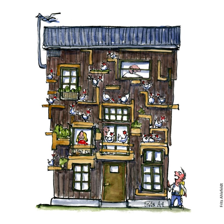 Tegning af et hus med høns rundt omkring på facaden Klimaforandringer illustration af Frits Ahlefeldt