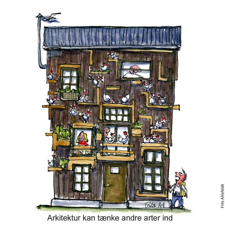 Tegning af et hus med høns rundt omkring på facaden - Klimaforandringer illustration af Frits Ahlefeldt