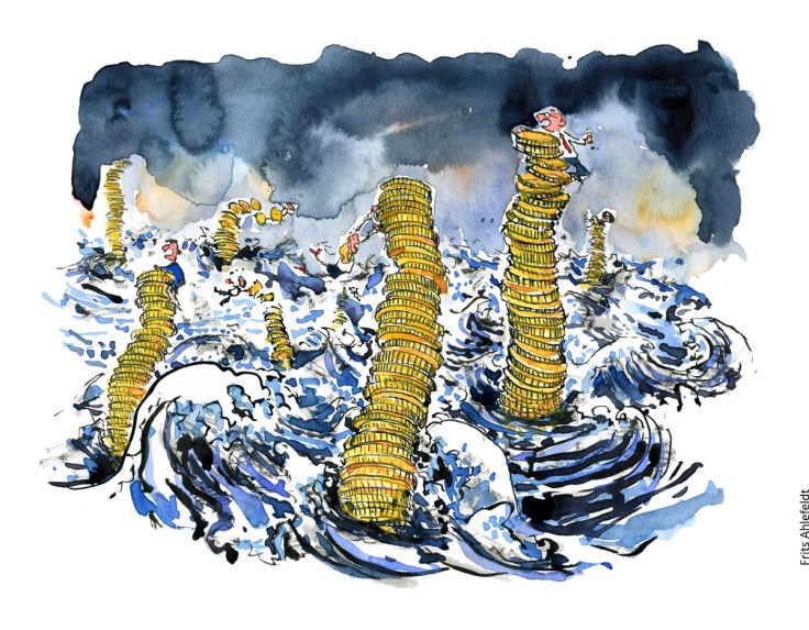 Tegning af pengestakke - mønter med små mennesker øverst, under et stormfuld oversvømmelse. Klimaforandringer illustration af Frits Ahlefeldt