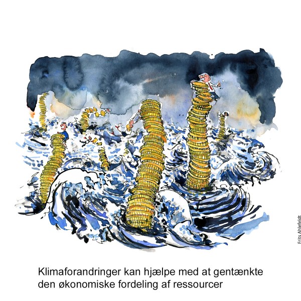 Tegning af pengestakke - mønter med små mennesker øverst, under et stormfuld oversvømmelse. Klimaforandringer illustration af Frits Ahlefeldt