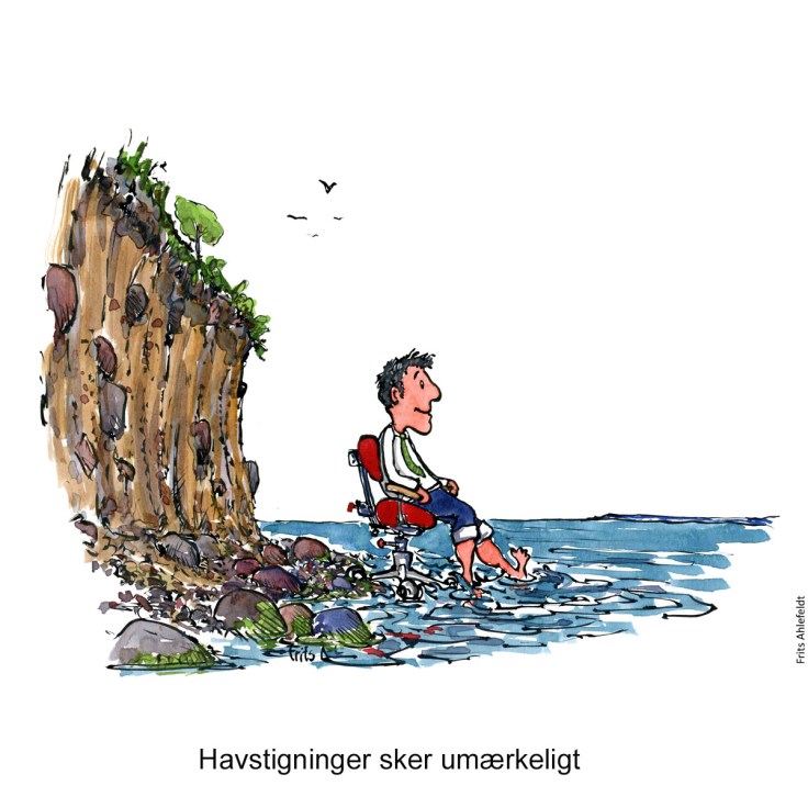 Tegning af mand som sidder i vandkanten, på en kontorstol - Klimaforandringer illustration af Frits Ahlefeldt