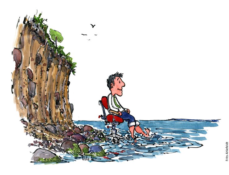 Tegning af mand som sidder i vandkanten, på en kontorstol - Klimaforandringer illustration af Frits Ahlefeldt